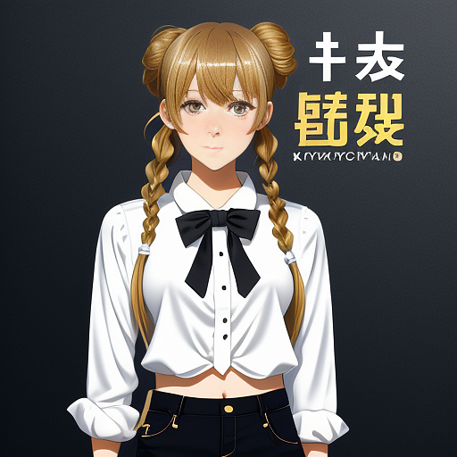 Young beautiful russian woman with makeup  with 2 blonde pigtails wearing oxford-styled white shirt with knot (belly button), black bowtie, dark blue jeans, black brogues, dancing in anime style
