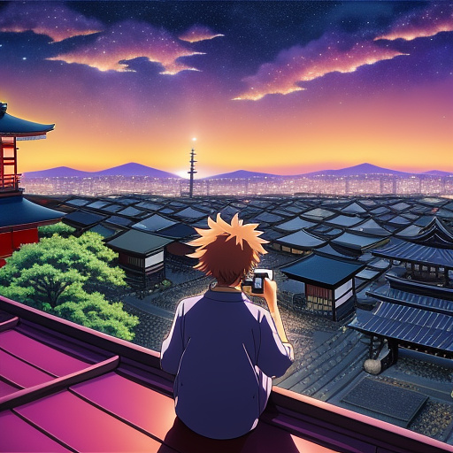 Purple sky with shining stars someone looking at the sky with a telescope but he’s on the roof of his house  in anime style