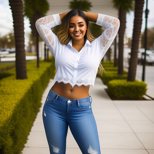 Curvy latina college student with her arms up in a loose long sleeve cropped lace shirt and long jeans pants and showing her belly and full body portrait in custom style