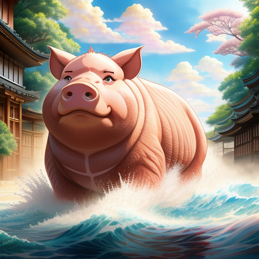 Corn fed river pig detailed and more biggish with background
 in anime style