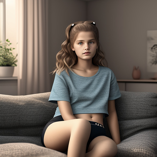 Ultra realistic a 15 year old german girl sits on the sofa in the living room in cute childlike underwear in custom style