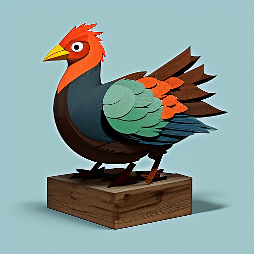 A front on view of a cartoony thanksgiving turkey, crafted from recycled pallet wood. it has a relatively flat design, measuring approximately 18 inches tall by 18 inches wide by 3 inches deep. the turkey is assembled from various wooden planks of different distressed colors like faded barn red, light blue, pale green, chipped white, and natural brown, giving it a rustic, patchwork appearance. it features oversized, painted cartoon eyes and a simple, bright orange wooden beak, exuding a whimsical, handmade folk art charm. isolated on a clean white background. in anime style