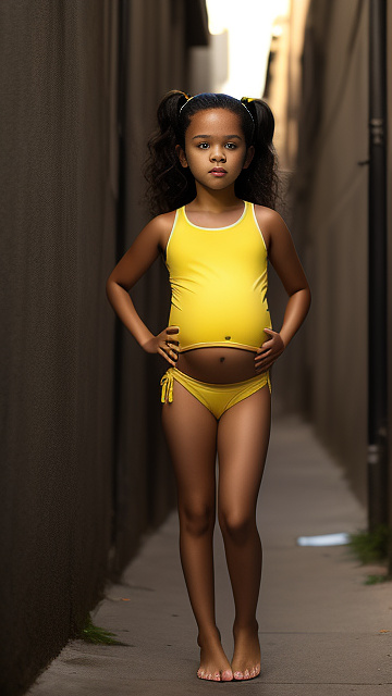 Pregnant, 7 years old, jenna ortega, yellow panties, topless, alleyway  in custom style