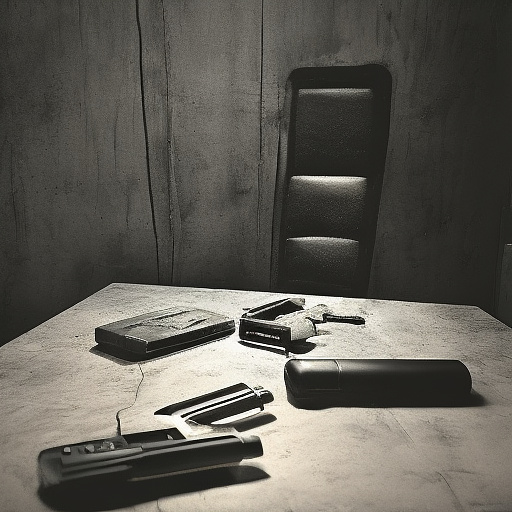 In a dark room, there is a telephone and a gun on the table. a man is sitting on a chair, and he is dead. in custom style