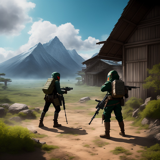 A duel between a pair of bounty hunters. one has an assault rifle, and the other has a sniper rifle. they both have armor. they are fighting in a deserted arctic village. in anime style