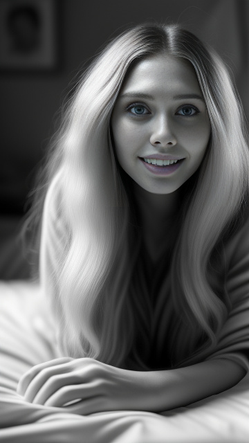 Elizabeth olsen; 20 years old, laying in bed, without anything on beautiful face, cute smile. gazing into the camera. in bw photo style