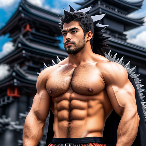 Muscle bara stud
huge pecs
huge chest
long spiky hair
beard 
ninja outfit in anime style