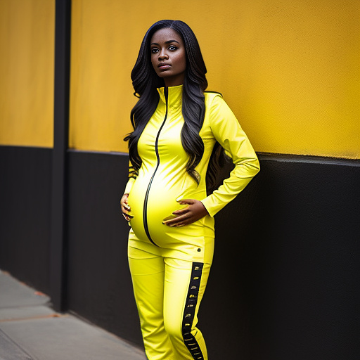 Realistic, detailed, pregnant, black, yellow jumpsuit, yellow boots, in custom style