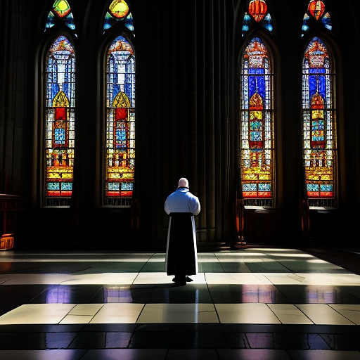 A priest praying alone in a majestic cathedral, stained glass windows casting colorful light on the stone floor, solemn and quiet. in custom style