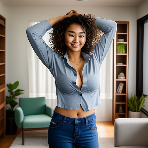 Sexy asian college student with her arms up and large boobs and short curly hair and in a cropped long sleeve loose button up shirt and jeans pants and showing her whole belly and standing in the living room and full body picture in custom style