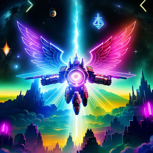 A cheerful transformer flies through space against the backdrop of planets. in angelcore style