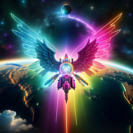 A cheerful transformer flies through space against the backdrop of planets. in angelcore style