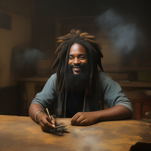 A black rastafarian is sitting on a worktable, smiling happily and smoking. the room is smoky. in custom style