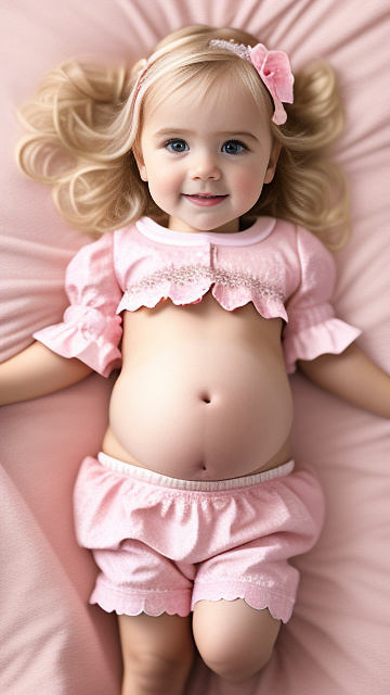 Realistic, detailed, 2-year-old blonde girl, pregnant, pink wedding outfit, showing belly, laying in bed, top down full body view in custom style