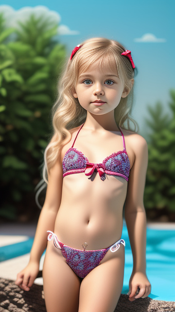 Realistic, detailed, 4-year-old masha babko, wearing a laced bikini in disney painted style