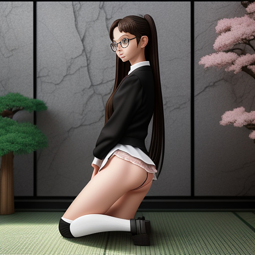 Ultra realistically a 22 year old german girl with a black braid with glasses and brown eyes 1.70 tall thin in schoolgirl uniform kneel on a chair her sex underwear is open in the crot you can see her vagina and her anus in anime style