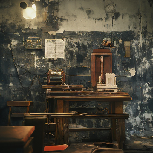 In a dark room, there is a telephone and a gun on the table. a man is sitting on a chair, and he is dead. in custom style