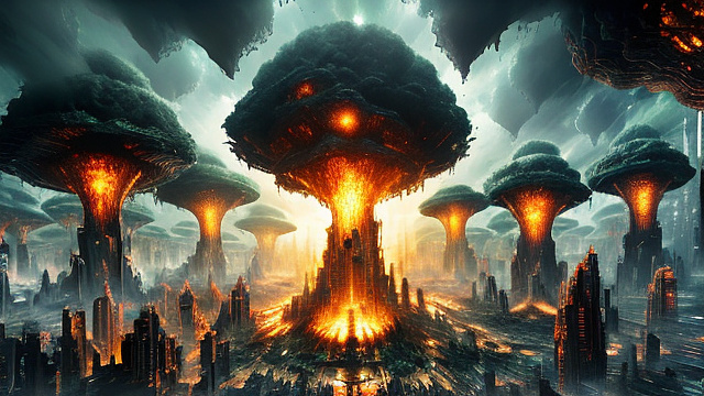 A hive-city being struck by from space, a huge explosion and building debris going everywhere. in angelcore style