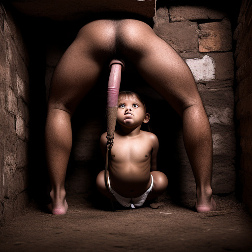 Ultra realistically a 9 year old girl tied up in the basement a 40 -year -old man penetrates a detailed one with his penis into her vagina in custom style