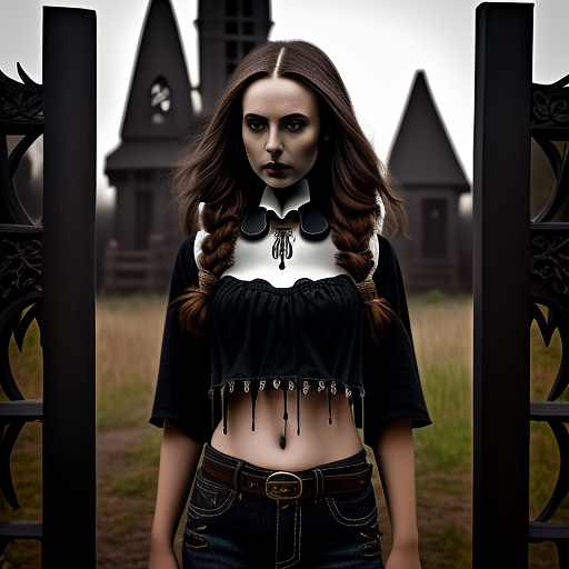 Extremely attractive 13 year old country girl with brown hair and big breasts wearing a really loose, dark brown, crop top t-shirt with jeans, boots, and a belt standing in front of a wood fence with chipped, white paint. in gothic style