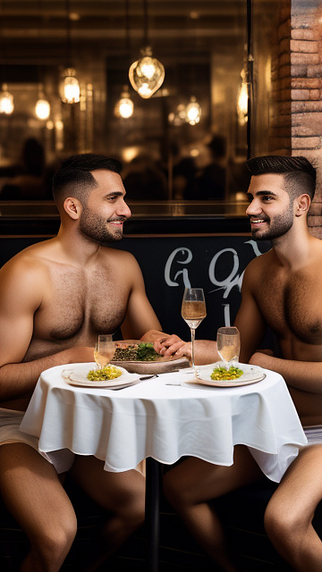 2 naked gays in italian restaurant.  in custom style