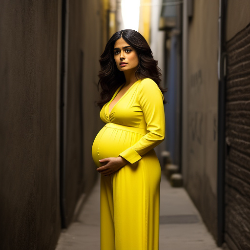 Pregnant, salma hayek, yellow jumpsuit, alleyway in custom style