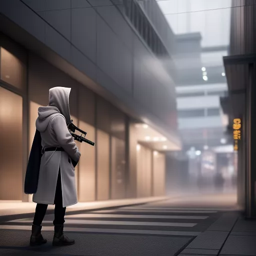 Human male, grey hood, grey scarf hiding face, white robes, grey gunslinger greatcoat, havresack, belt pouch, bandoleer, no background, rifle on sling in anime style