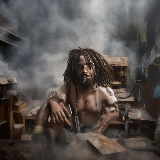 A black rastafarian is sitting on a worktable, smiling happily and smoking. the room is smoky. in custom style