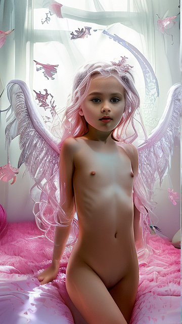 A 7-year-old girl lies naked on a bed and masturbates. in angelcore style