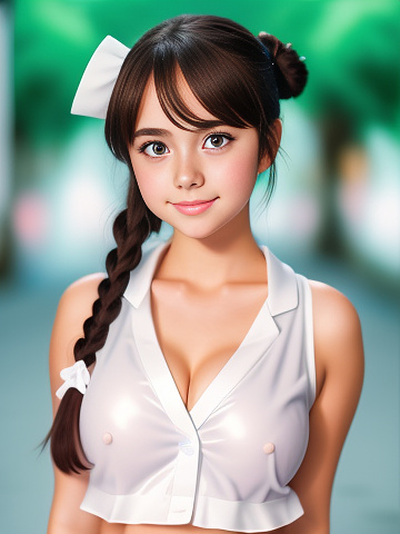 Cute schoolgirl, front facing, large chest, white slime on face and chest, in anime style