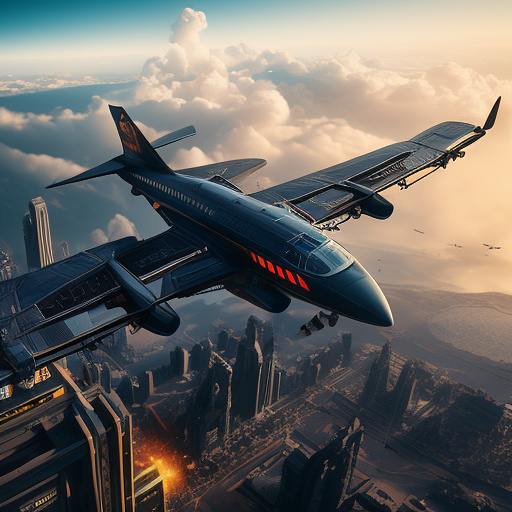 An airplane is flying. people are falling out of it. in sci-fi style