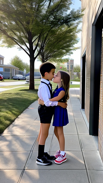 A romantic moment between a tween couple. the very sexy hot grade 6 girl, wearing her super sexy clothes, hugging the grade 6 boy. in custom style