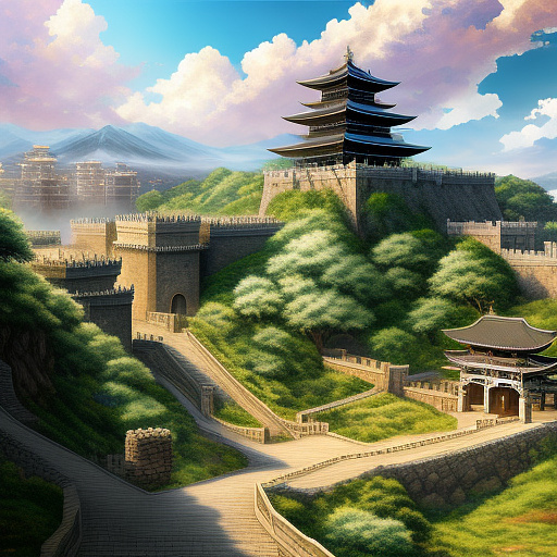 The fortress city of minas tirith from the film the lord of the rings in anime style