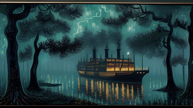 A big luxury ship sailing in dirty toxic swamp at night in the forest illuminated by fire torches in neo impressionism style