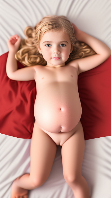 Realistic, detailed, 6-year-old blonde girl, in red peach dress, pregnant, laying in bed, top down full body view, red blush, right hand on belly   in custom style