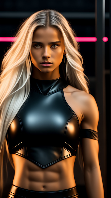 14 year old athletic atractive girl with abs, small chest and extreme extreme long blond hair in extreme less covering, futuristic dark metallic amor breastplate, that doesn't covers her abs amor slimmer and earrings neon color grading
 in custom style