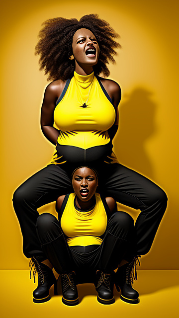 Realistic, detailed, pregnant, black skinned, yellow jumpsuit, yellow boots, screaming in pain, birthing  in custom style