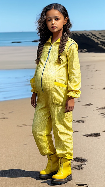 Realistic, detailed, pregnant, yellow jumpsuit, boots, beach, 7 years old, jenna ortega  in custom style