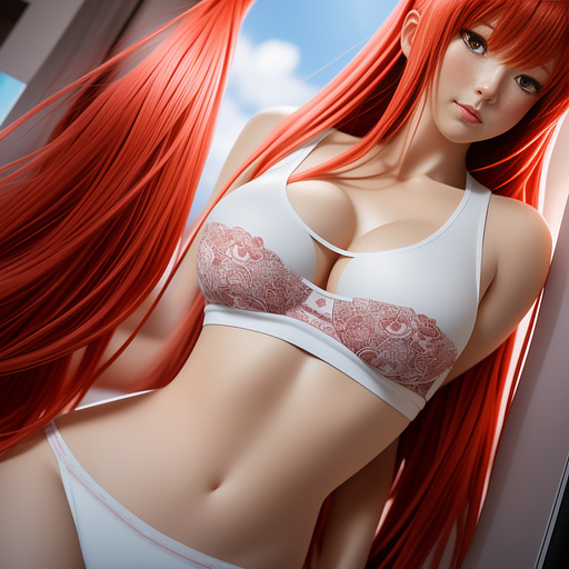 Red head women. long hair. happy. large breasts. full body image. white tank top. pink panties. detailed image. in anime style