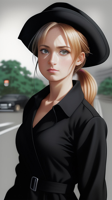 Nime_realistic_style, front view camera angle, 1 woman, green eyes, (blonde ponytail:1.2), (black trench_coat:1.2), (black polo shirt:1.2), (black banded black fedora), (black pants), long black boots, (wide square shades:1.6) hiding eyes, smoking, car, (one hand driving), gun, gloomy, (police chase, speeding, intense, sirens), gritting teeth, serious, half shut eyes, angry, 8k, realistic in anime style
