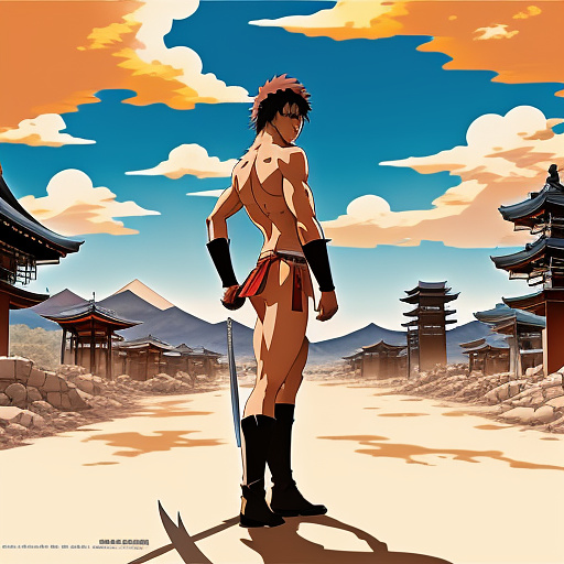 Swords man in a loincloth standing in a desert town in anime style