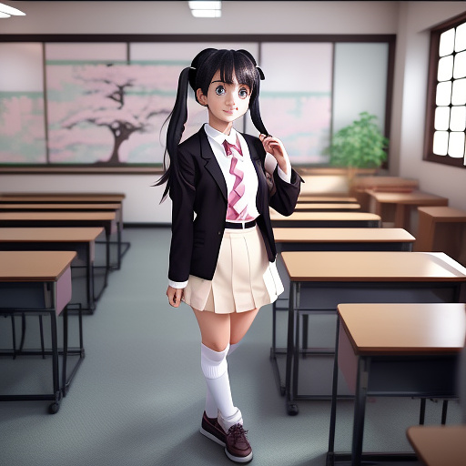 A cute little girl, black hair with two pigtails, purple eyes, brown blazer, brown skirt, white tight high socks, sneakers, smiling, cute anime style, standing, inside of classroom in anime style