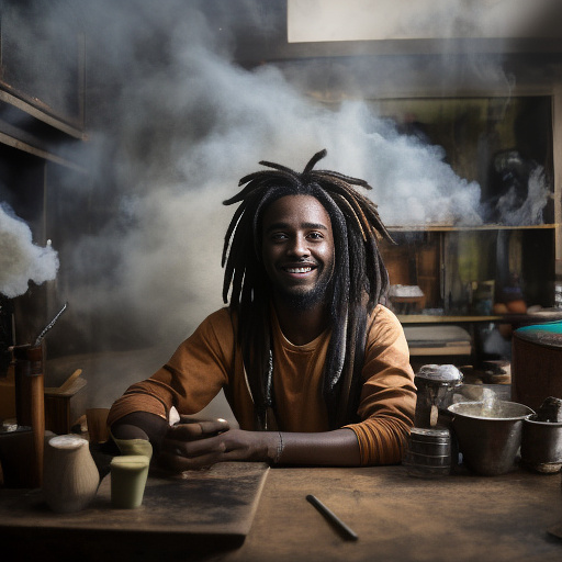 A black rastafarian is sitting on a worktable, smiling happily and smoking. the room is smoky. in custom style