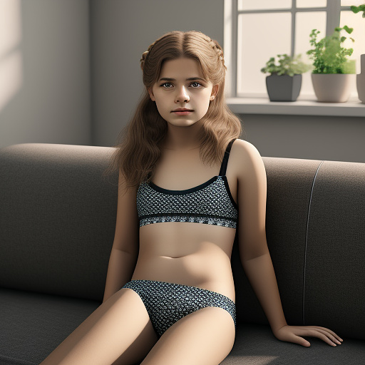 Ultra realistic a 15 year old german girl sits on the sofa in the living room in cute childlike underwear in custom style