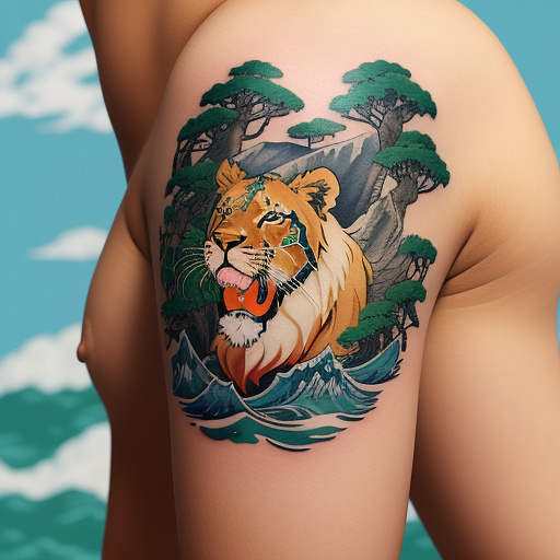 A tattoo of a lions head with a fish in its mouth
 in anime style