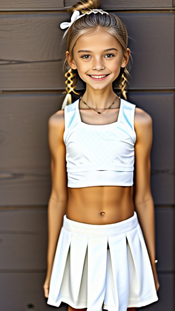 Skinny, white, blonde, very cute, smiling, girl 9 years old, crop top, skirt, in custom style