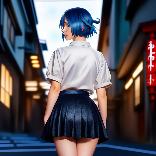Beautiful girl, young, short hair, glowing eyes, blue hair, thick, black skirt  in anime style