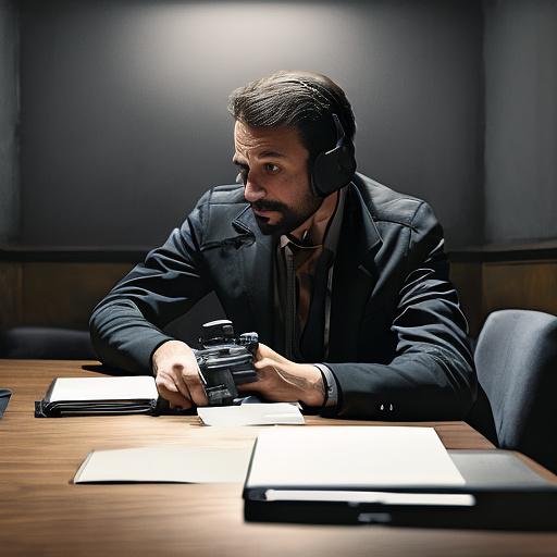 In a dark room, there is a telephone and a gun on the table. a man is sitting on a chair, and he is dead. in custom style