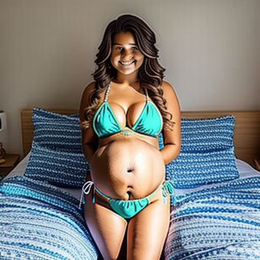 Sister of 13-years-old pregnant of 40 weeks at bed wearing bikini and a big belly  in custom style