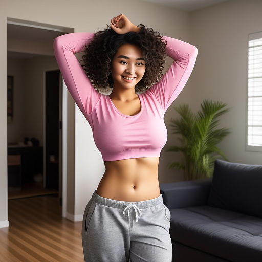 Sexy asian college student with her arms up and large boobs and short curly hair and in a long sleeve loose t shirt and sweatpants pants and showing her belly and standing in the living room and full body picture in custom style
